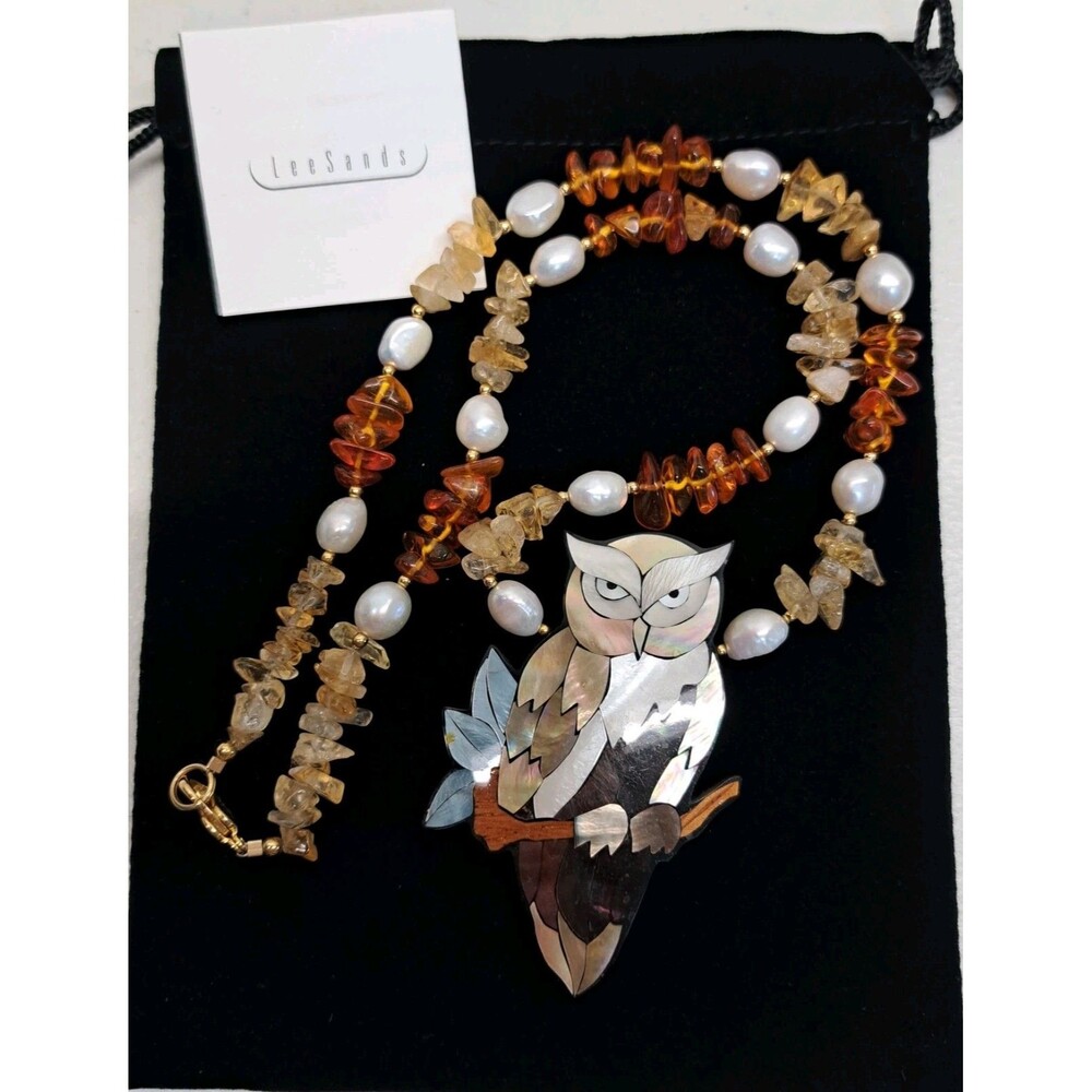 Vintage Lee Sands Owl Inlay Mother of Pearl Necklace Abalone